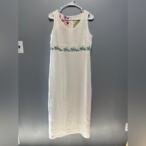 100% Linen Elegant White Embroidered & Button Back Maxi Dress